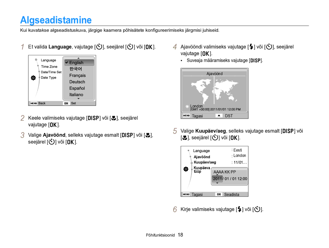 Samsung EC-PL170ZBPBE2 manual Algseadistamine, Kirje valimiseks vajutage F või t, Suveaja määramiseks vajutage D 