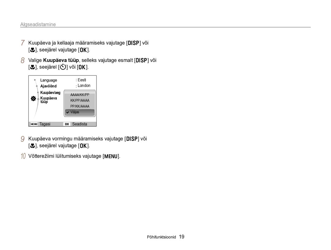 Samsung EC-PL170ZBPBE2 manual Algseadistamine, 10 Võtterežiimi lülitumiseks vajutage m 