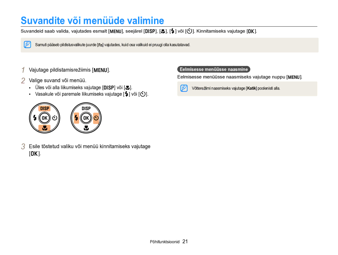 Samsung EC-PL170ZBPBE2 manual Suvandite või menüüde valimine, Vajutage pildistamisrežiimis m Valige suvand või menüü 