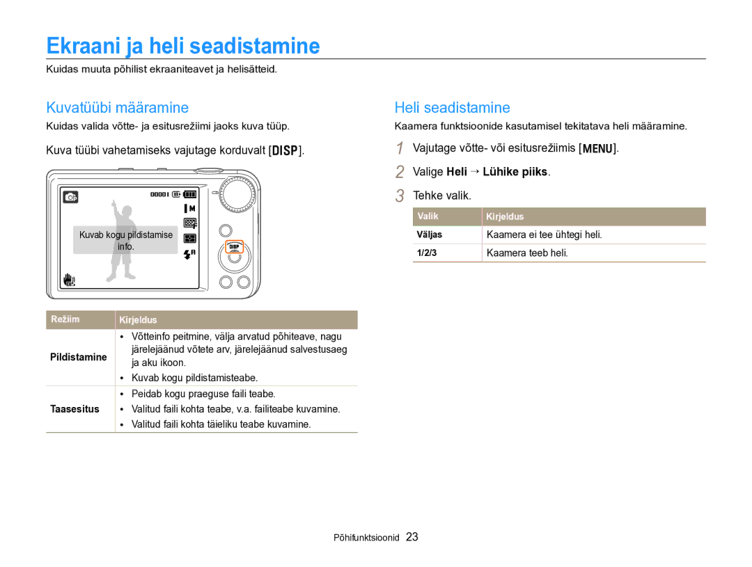 Samsung EC-PL170ZBPBE2 Ekraani ja heli seadistamine, Kuvatüübi määramine, Heli seadistamine, Valige Heli “ Lühike piiks 