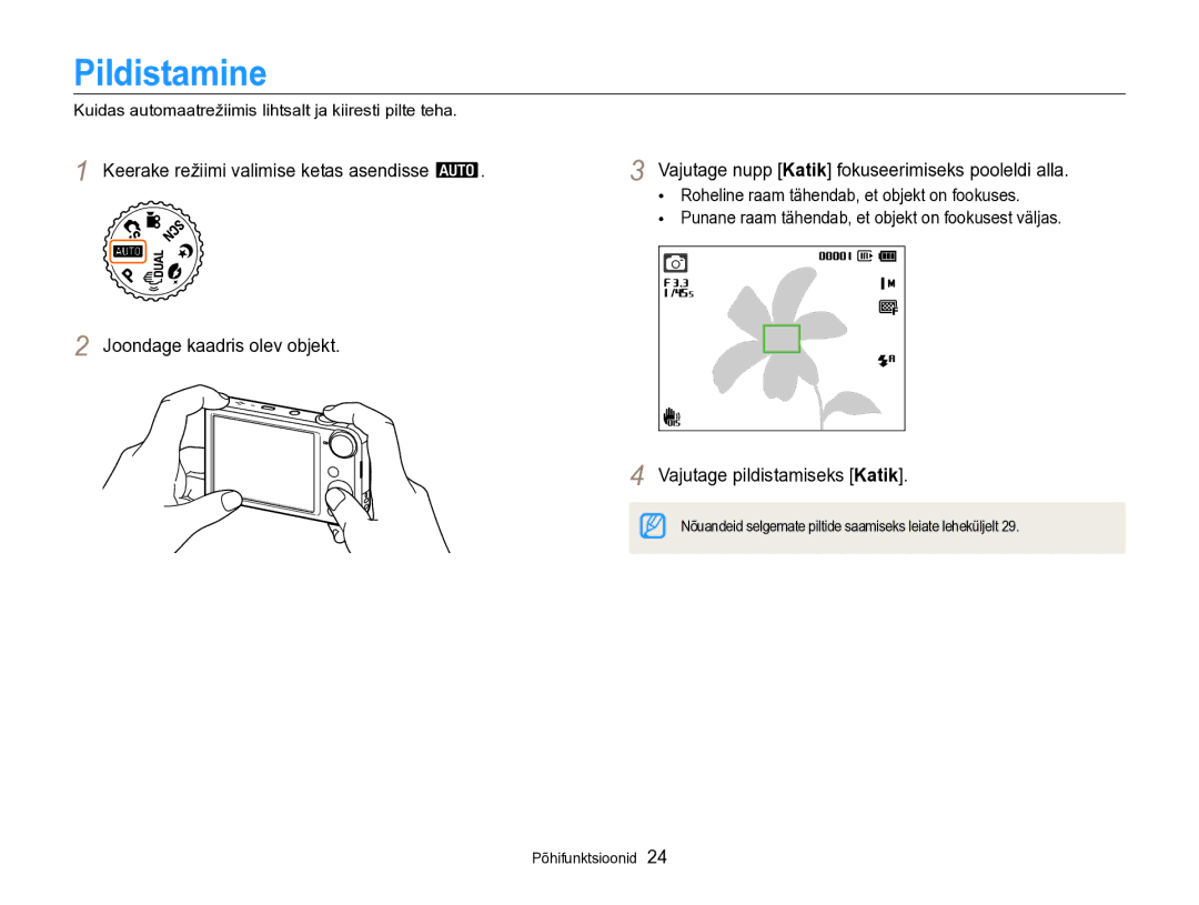 Samsung EC-PL170ZBPBE2 manual Pildistamine, Keerake režiimi valimise ketas asendisse a 