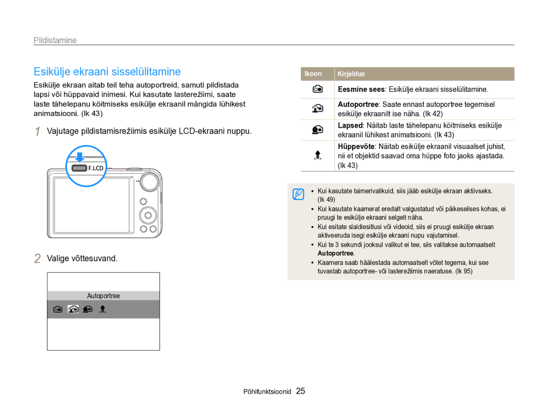 Samsung EC-PL170ZBPBE2 manual Pildistamine, Eesmine sees Esikülje ekraani sisselülitamine 