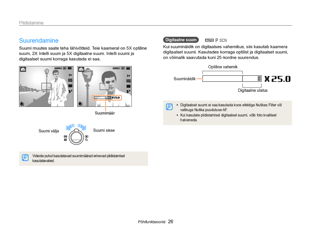 Samsung EC-PL170ZBPBE2 manual Suurendamine, Digitaalne suum a p s, Optiline vahemik Suuminäidik Digitaalne ulatus 