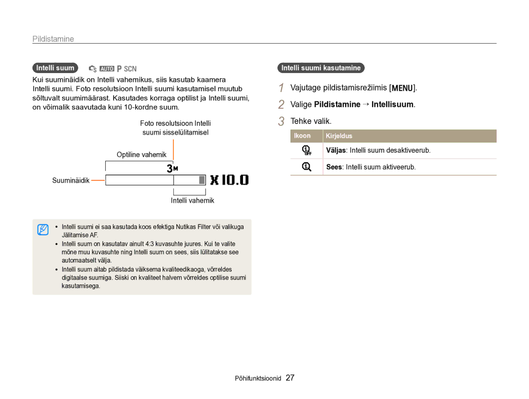 Samsung EC-PL170ZBPBE2 manual Vajutage pildistamisrežiimis m, Valige Pildistamine “ Intellisuum, Intelli suum S a p s 