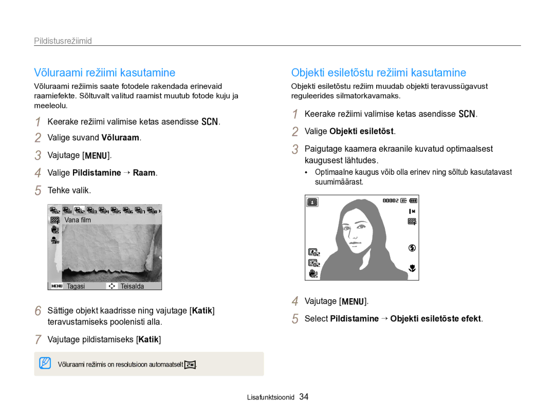 Samsung EC-PL170ZBPBE2 Võluraami režiimi kasutamine, Objekti esiletõstu režiimi kasutamine, Valige Pildistamine “ Raam 