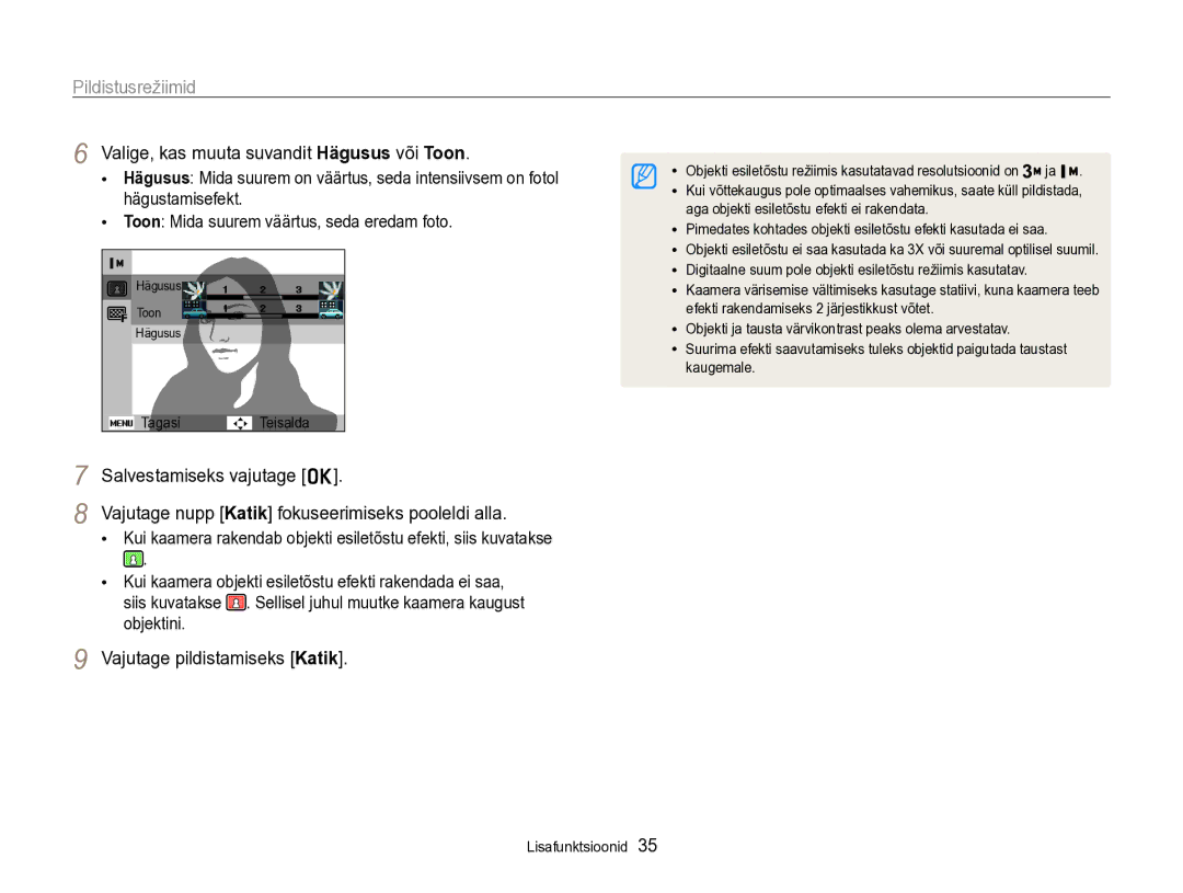 Samsung EC-PL170ZBPBE2 manual Valige, kas muuta suvandit Hägusus või Toon, Salvestamiseks vajutage o 