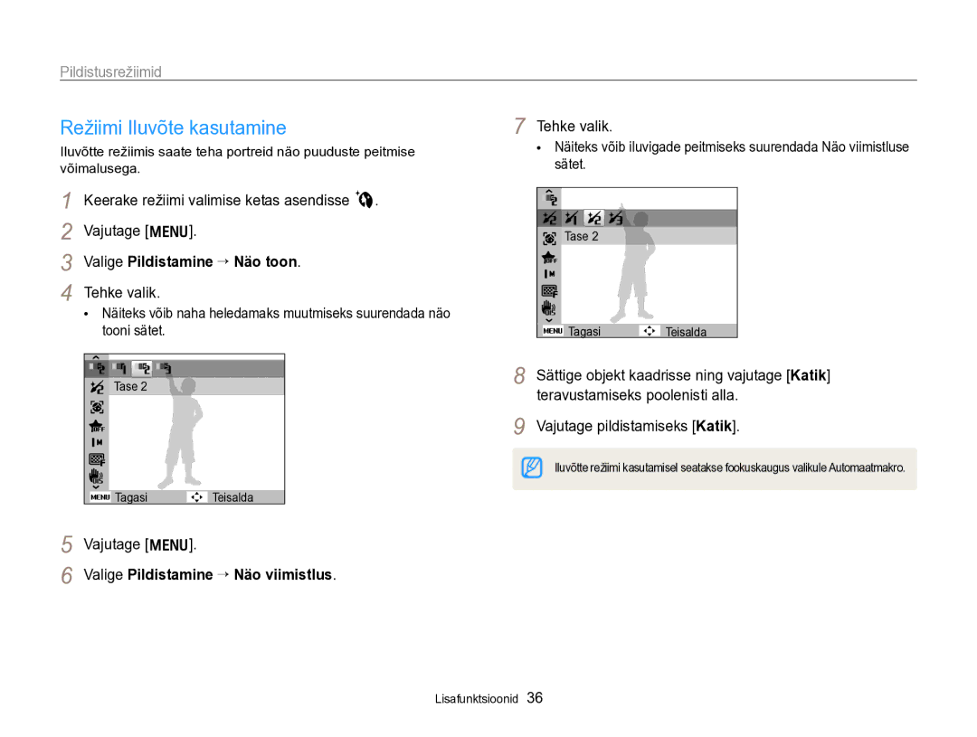 Samsung EC-PL170ZBPBE2 manual Režiimi Iluvõte kasutamine, Keerake režiimi valimise ketas asendisse b Vajutage m 