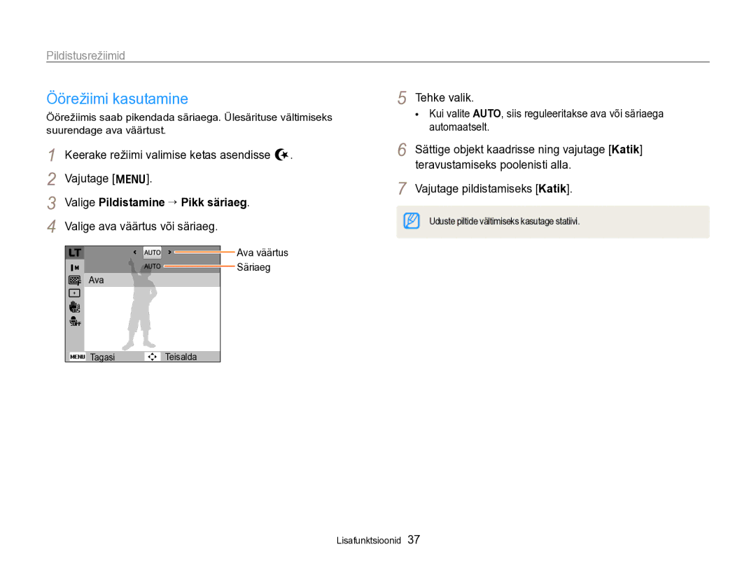 Samsung EC-PL170ZBPBE2 manual Öörežiimi kasutamine, Keerake režiimi valimise ketas asendisse N Vajutage m, Tehke valik 