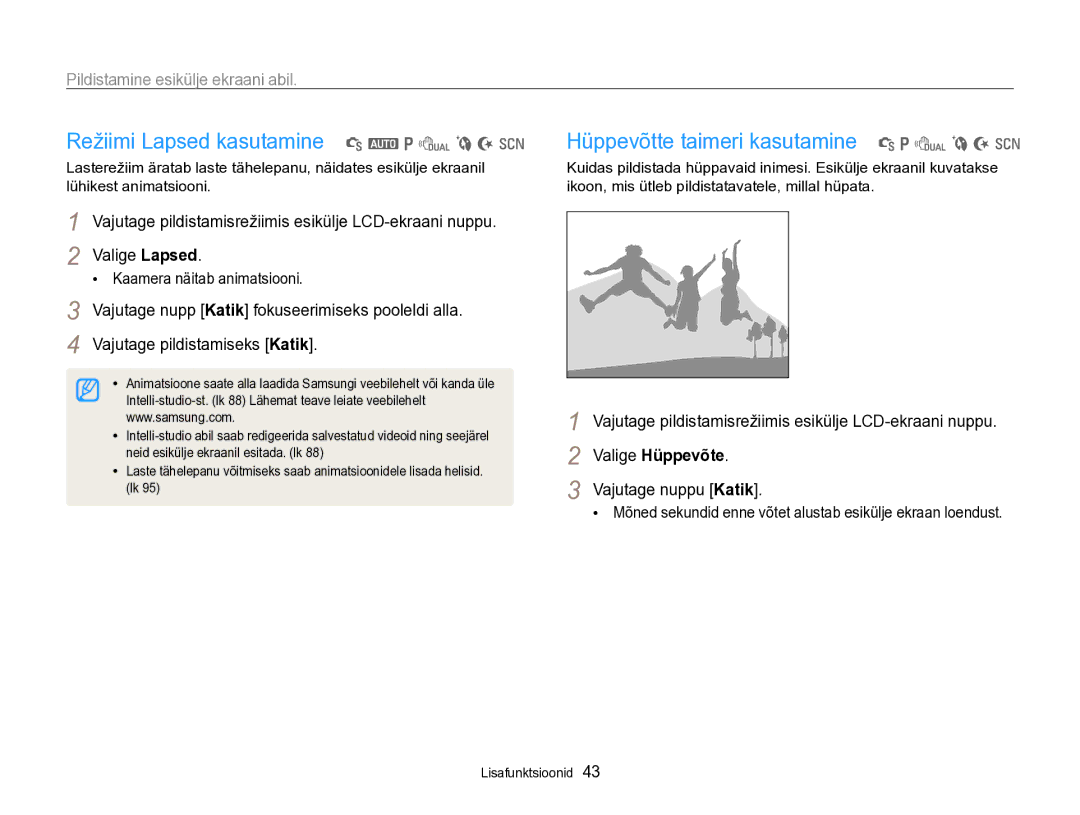 Samsung EC-PL170ZBPBE2 manual Pildistamine esikülje ekraani abil, Valige Hüppevõte, Vajutage nuppu Katik 