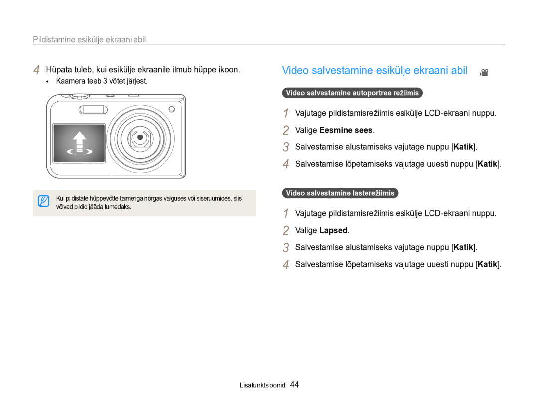 Samsung EC-PL170ZBPBE2 Video salvestamine esikülje ekraani abil, Hüpata tuleb, kui esikülje ekraanile ilmub hüppe ikoon 