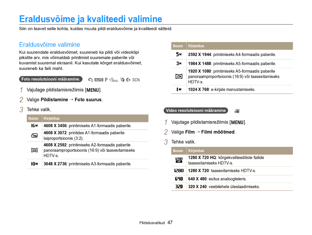 Samsung EC-PL170ZBPBE2 manual Eraldusvõime ja kvaliteedi valimine, Eraldusvõime valimine, Valige Pildistamine “ Foto suurus 