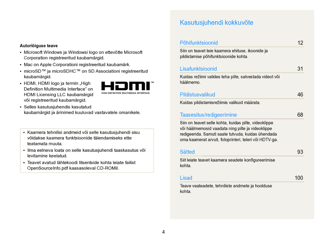 Samsung EC-PL170ZBPBE2 Kasutusjuhendi kokkuvõte, Autoriõiguse teave, Häälmemo, Kuidas pildistamisrežiimis valikuid määrata 