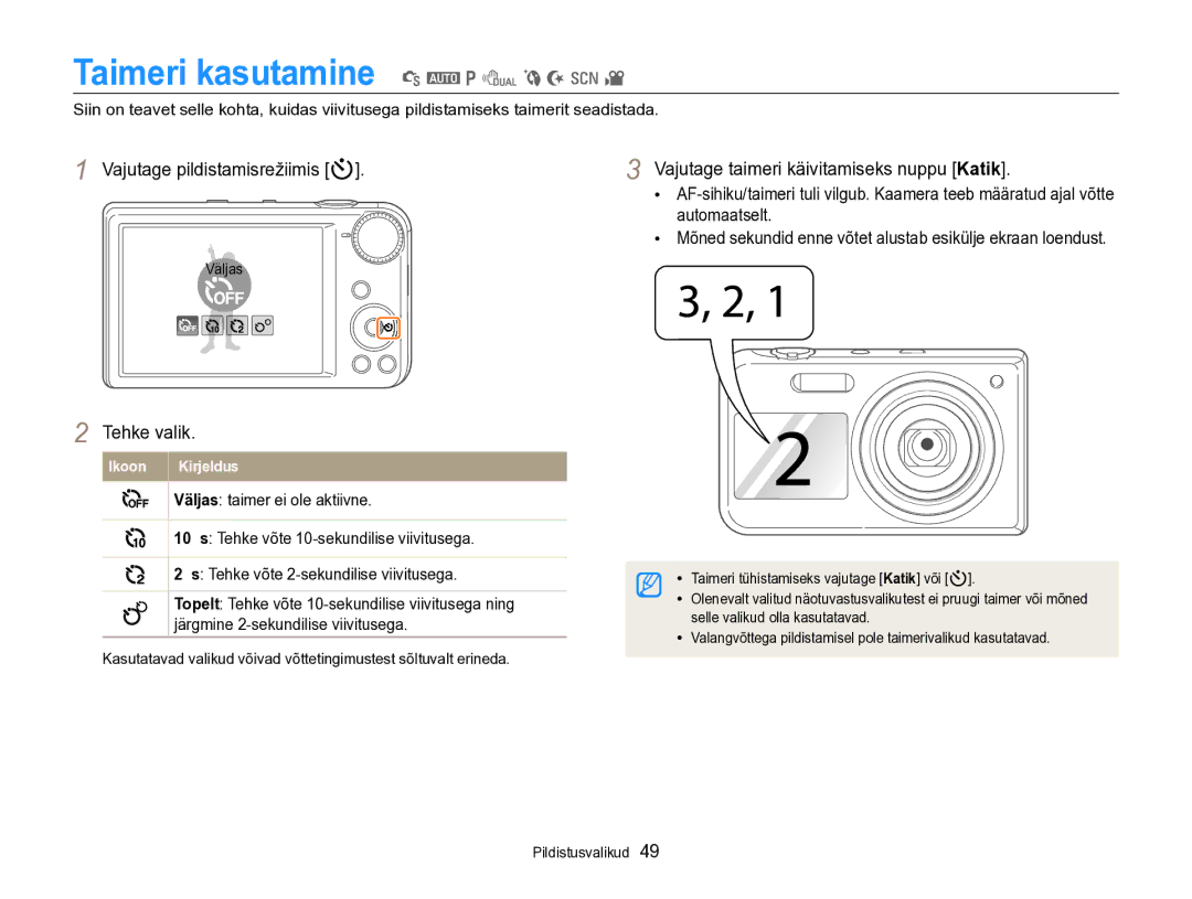 Samsung EC-PL170ZBPBE2 manual Taimeri kasutamine S a p d b N s, Vajutage pildistamisrežiimis t 