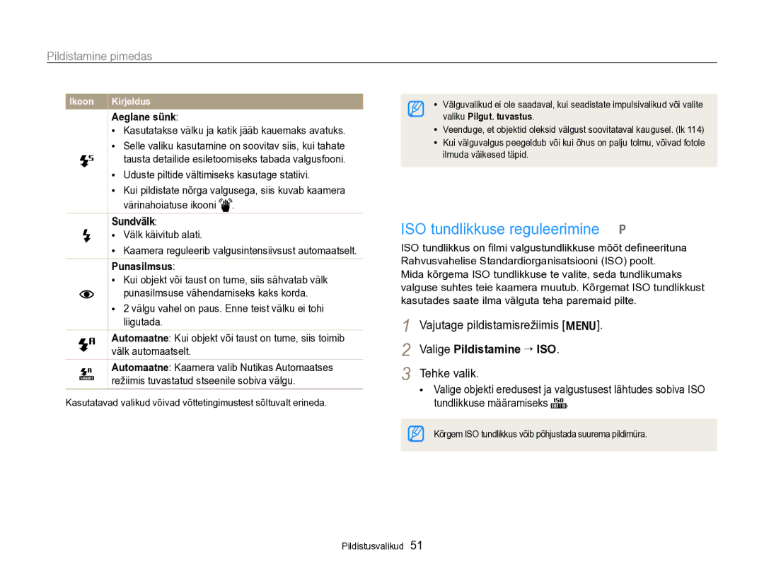 Samsung EC-PL170ZBPBE2 manual ISO tundlikkuse reguleerimine, Pildistamine pimedas, Aeglane sünk, Sundvälk, Punasilmsus 