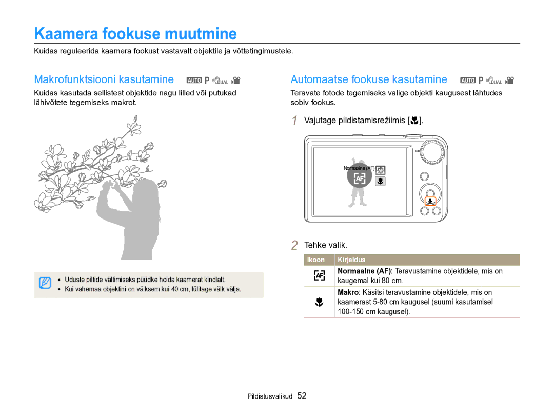 Samsung EC-PL170ZBPBE2 manual Kaamera fookuse muutmine, Vajutage pildistamisrežiimis c 