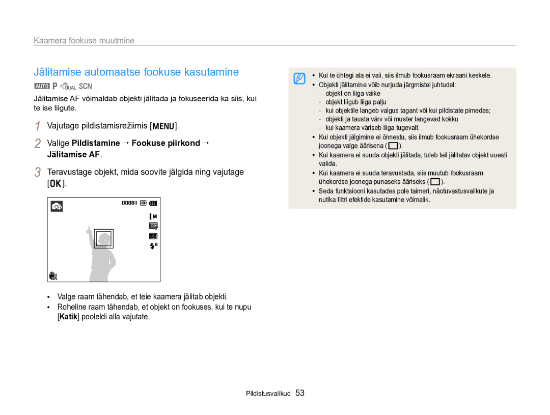 Samsung EC-PL170ZBPBE2 manual Jälitamise automaatse fookuse kasutamine, Kaamera fookuse muutmine 