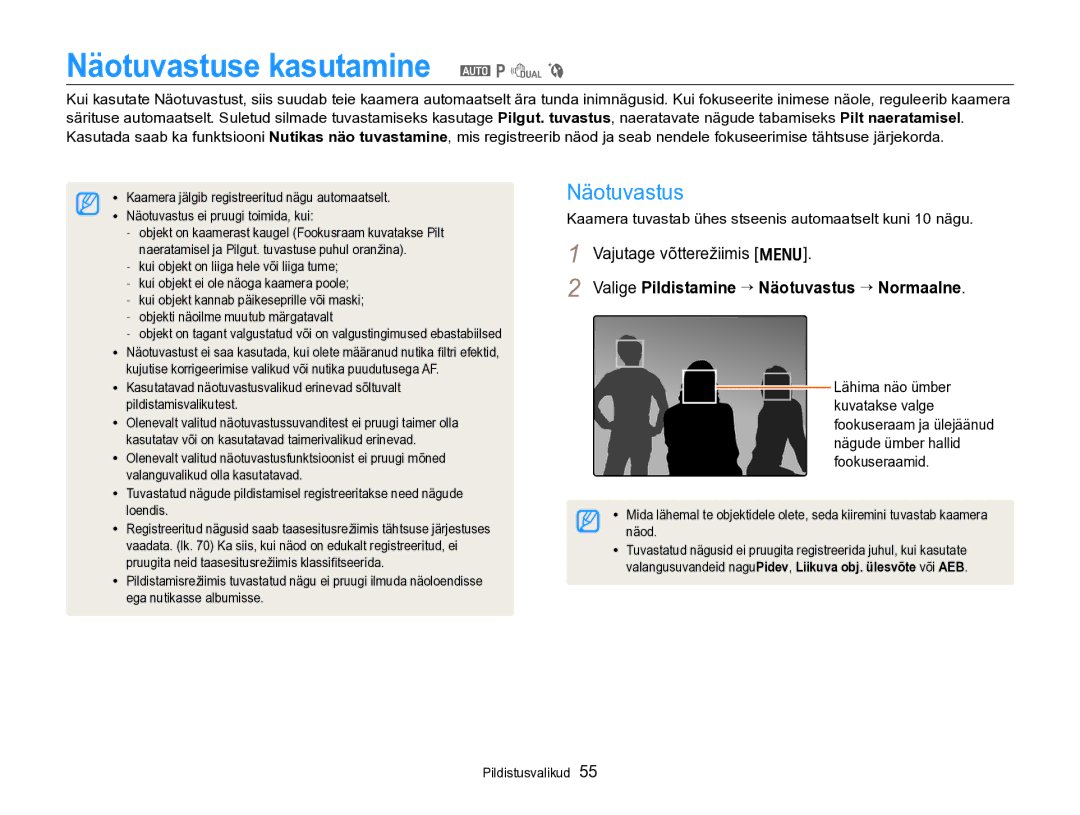 Samsung EC-PL170ZBPBE2 manual Näotuvastuse kasutamine a p d b, Valige Pildistamine “ Näotuvastus “ Normaalne 