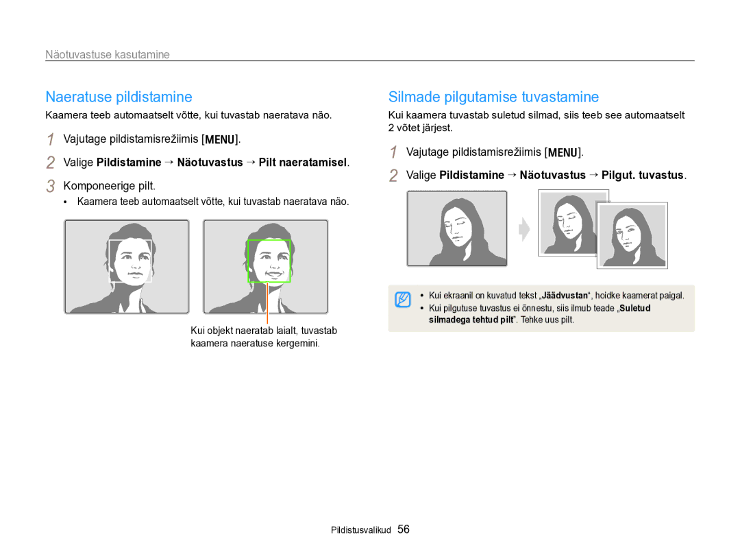 Samsung EC-PL170ZBPBE2 Naeratuse pildistamine, Silmade pilgutamise tuvastamine, Näotuvastuse kasutamine, Komponeerige pilt 