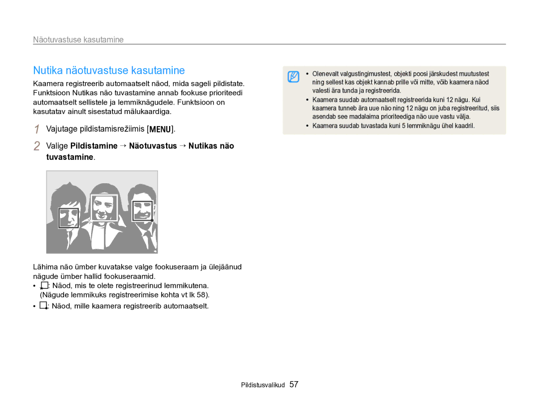 Samsung EC-PL170ZBPBE2 manual Nutika näotuvastuse kasutamine, Valige Pildistamine “ Näotuvastus “ Nutikas näo tuvastamine 