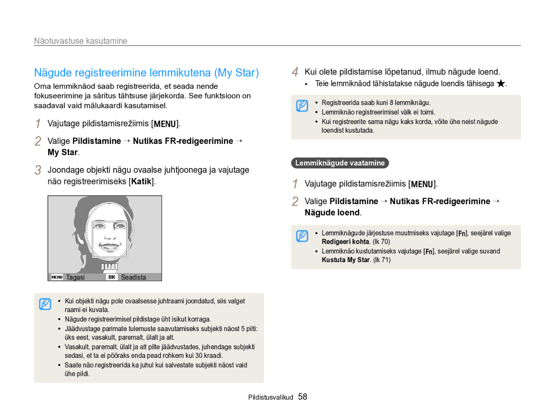 Samsung EC-PL170ZBPBE2 Nägude registreerimine lemmikutena My Star, Kui olete pildistamise lõpetanud, ilmub nägude loend 