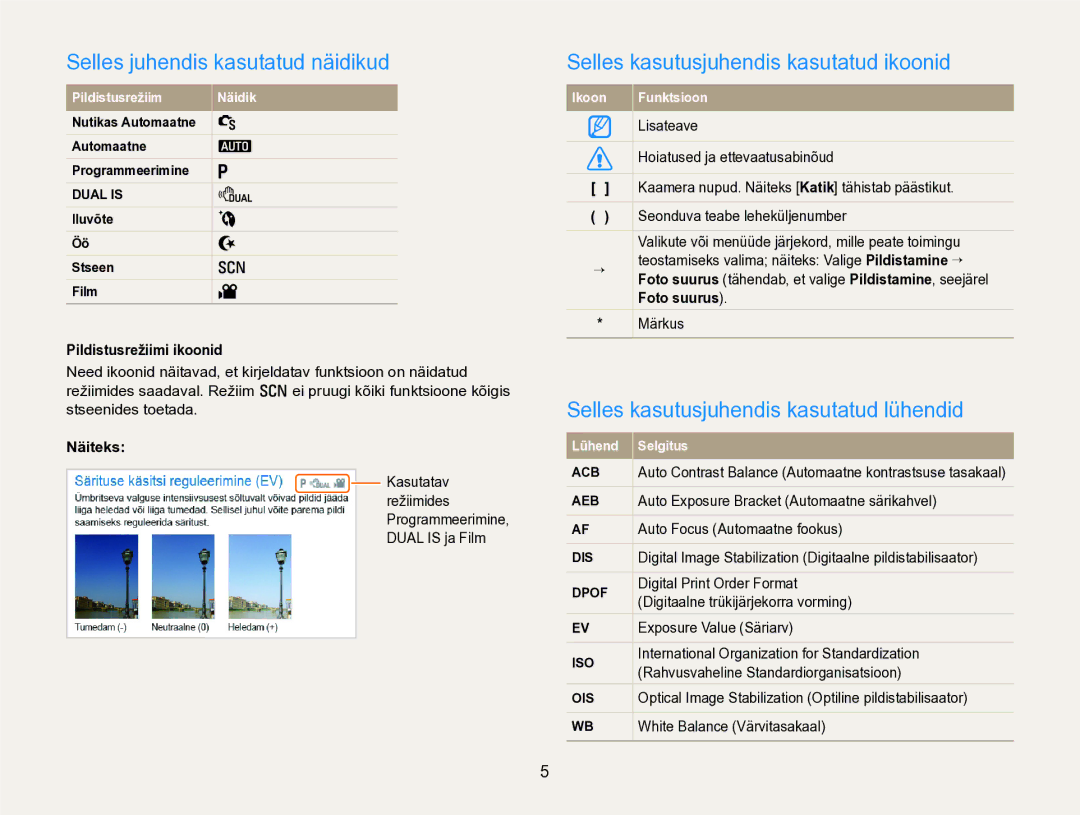 Samsung EC-PL170ZBPBE2 manual Selles juhendis kasutatud näidikud, Selles kasutusjuhendis kasutatud ikoonid 