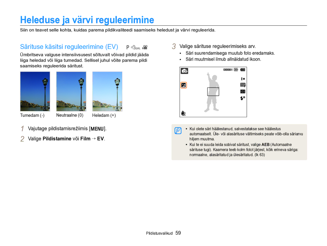 Samsung EC-PL170ZBPBE2 manual Heleduse ja värvi reguleerimine, Särituse käsitsi reguleerimine EV p d, Tumedam Neutraalne 