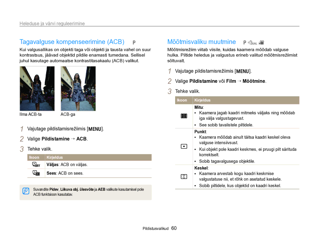 Samsung EC-PL170ZBPBE2 Tagavalguse kompenseerimine ACB p, Mõõtmisvaliku muutmine p d, Heleduse ja värvi reguleerimine 