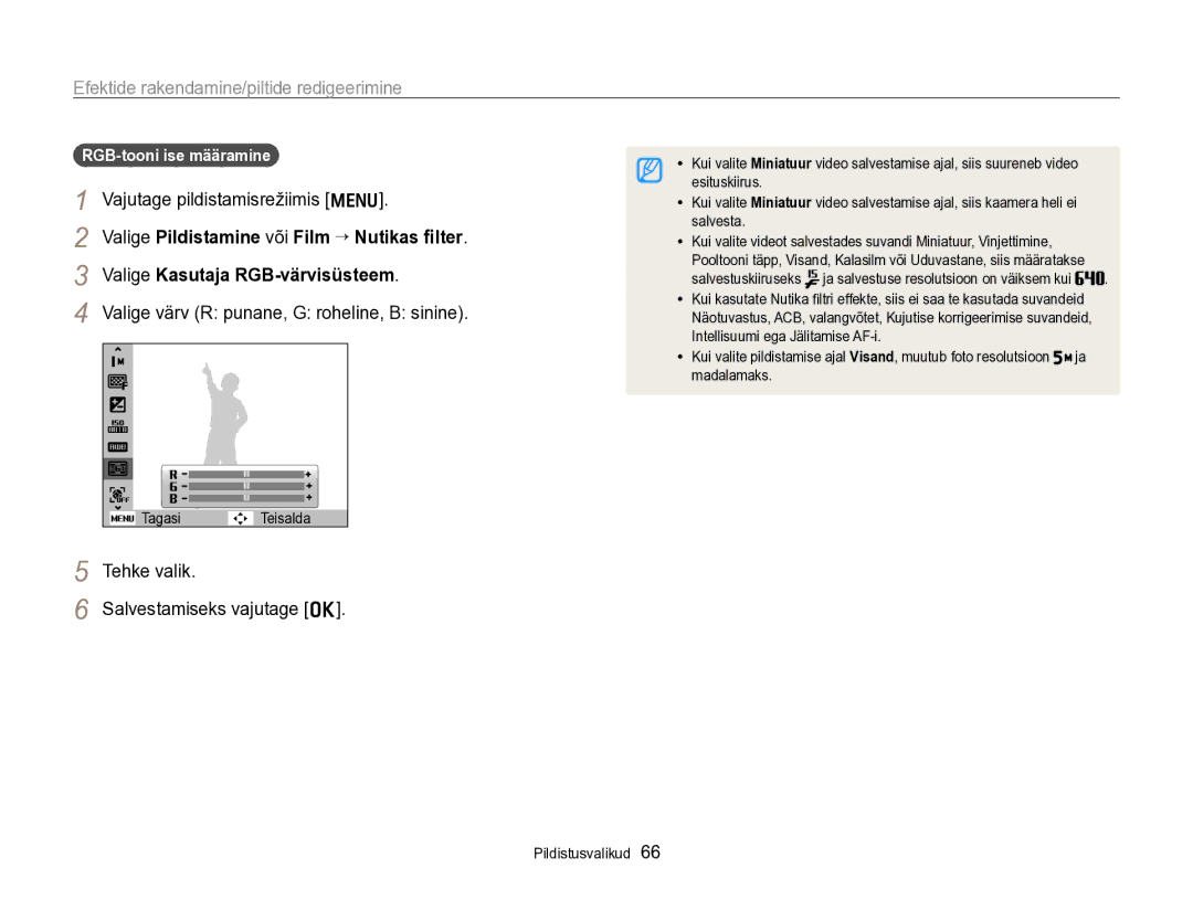 Samsung EC-PL170ZBPBE2 manual Valige Kasutaja RGB-värvisüsteem, RGB-tooni ise määramine, Salvestamiseks vajutage o 