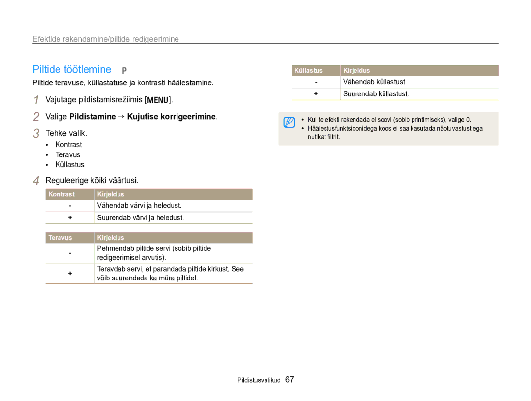 Samsung EC-PL170ZBPBE2 Piltide töötlemine p, Valige Pildistamine “ Kujutise korrigeerimine, Reguleerige kõiki väärtusi 