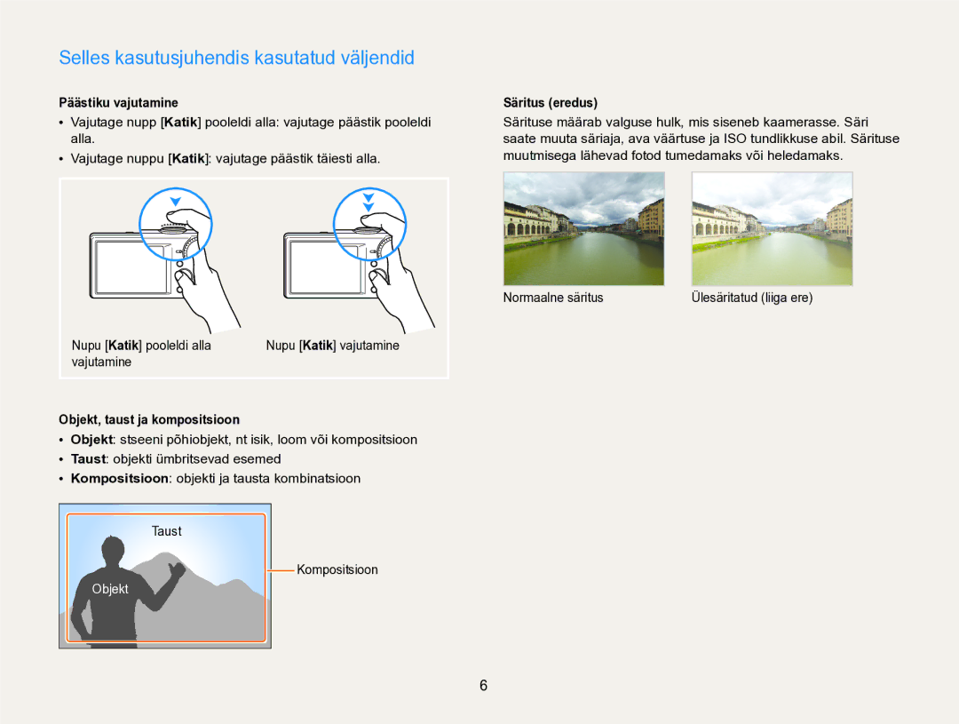 Samsung EC-PL170ZBPBE2 manual Selles kasutusjuhendis kasutatud väljendid, Päästiku vajutamine, Säritus eredus 