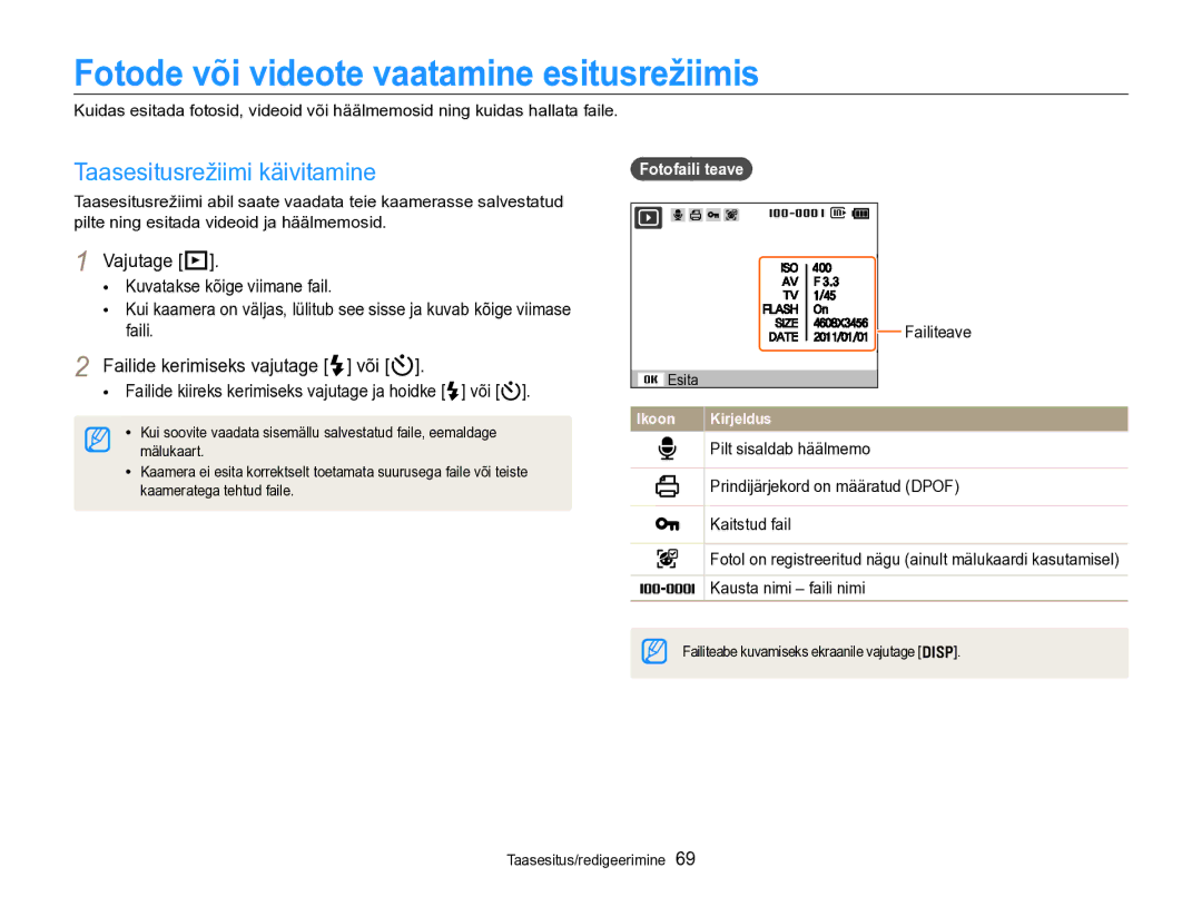 Samsung EC-PL170ZBPBE2 manual Fotode või videote vaatamine esitusrežiimis, Vajutage P, Failide kerimiseks vajutage F või t 