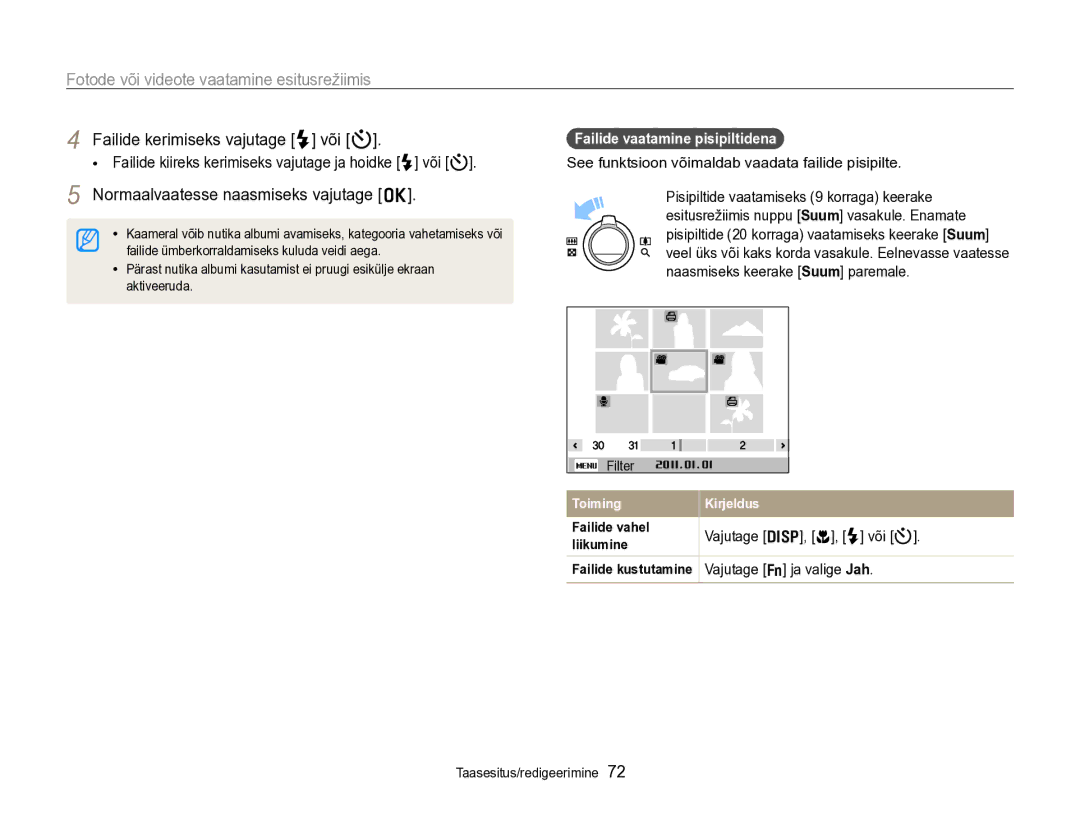 Samsung EC-PL170ZBPBE2 Normaalvaatesse naasmiseks vajutage o, Failide vaatamine pisipiltidena, Vajutage D, c, F või t 