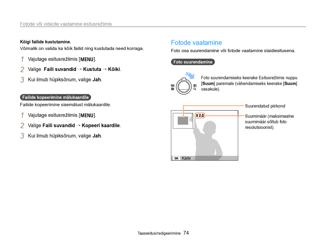 Samsung EC-PL170ZBPBE2 Fotode vaatamine, Valige Faili suvandid “ Kustuta “ Kõiki, Valige Faili suvandid “ Kopeeri kaardile 