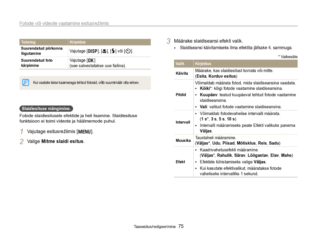 Samsung EC-PL170ZBPBE2 manual Valige Mitme slaidi esitus, Määrake slaidiseansi efekti valik, Slaidiesituse mängimine 