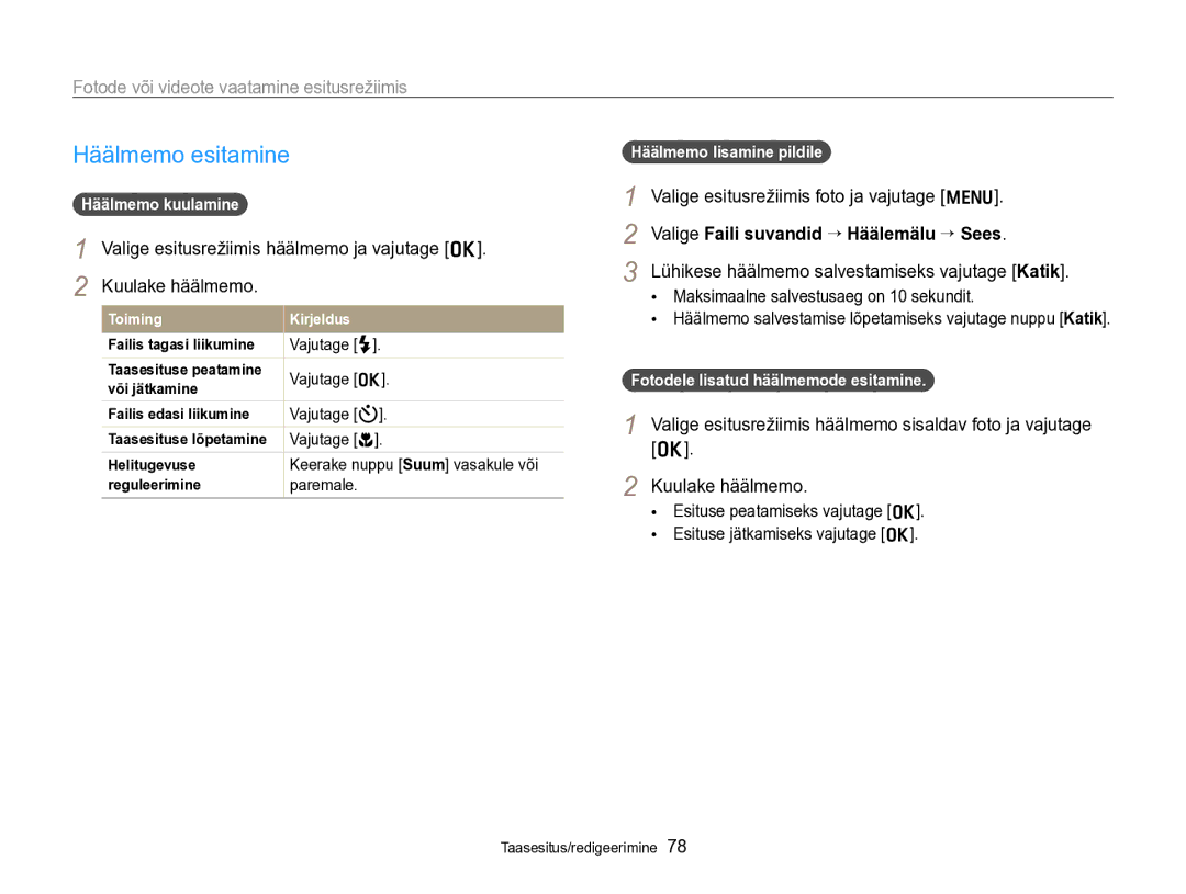 Samsung EC-PL170ZBPBE2 manual Häälmemo esitamine, Valige Faili suvandid “ Häälemälu “ Sees 