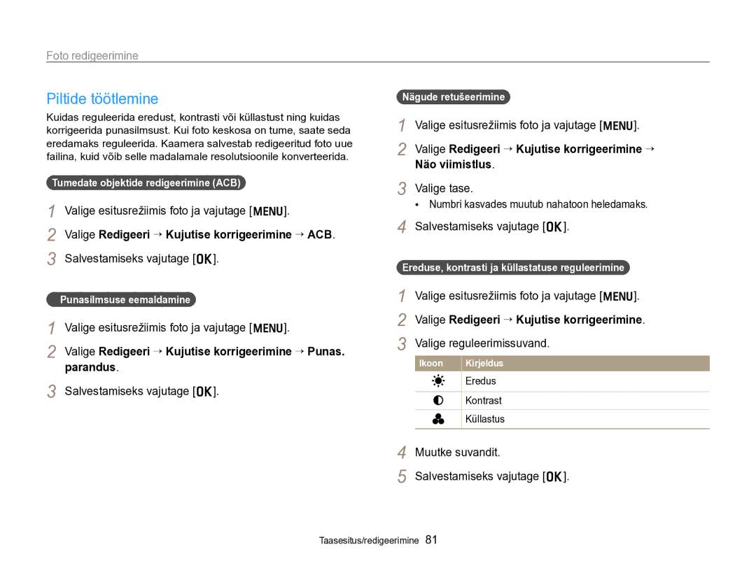 Samsung EC-PL170ZBPBE2 manual Piltide töötlemine, Valige Redigeeri “ Kujutise korrigeerimine “ ACB 