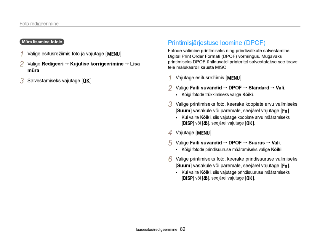 Samsung EC-PL170ZBPBE2 manual Printimisjärjestuse loomine Dpof, Valige Redigeeri “ Kujutise korrigeerimine “ Lisa müra 