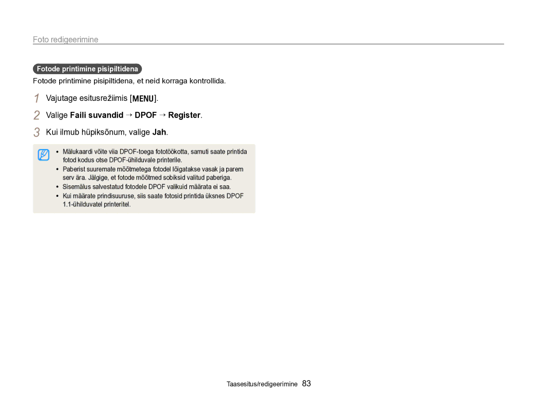 Samsung EC-PL170ZBPBE2 manual Valige Faili suvandid “ Dpof “ Register, Fotode printimine pisipiltidena 