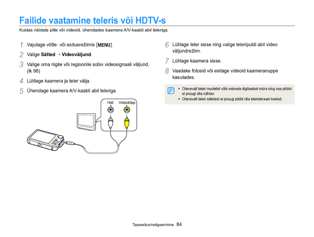 Samsung EC-PL170ZBPBE2 manual Failide vaatamine teleris või HDTV-s, Valige Sätted “ Videoväljund 