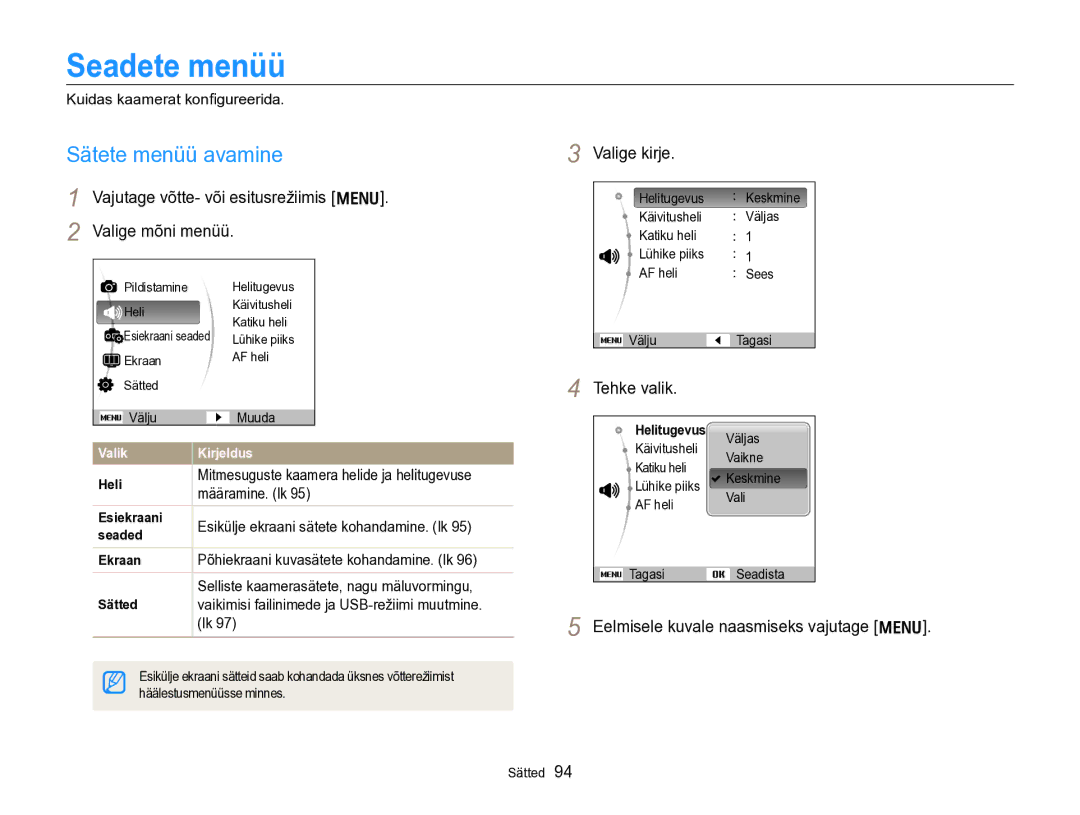 Samsung EC-PL170ZBPBE2 manual Seadete menüü, Sätete menüü avamine, Vajutage võtte- või esitusrežiimis m Valige mõni menüü 