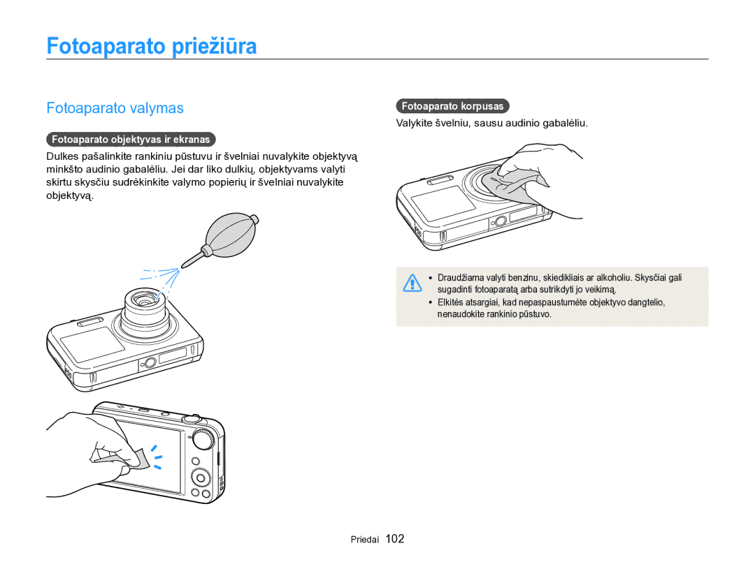 Samsung EC-PL170ZBPBE2 Fotoaparato priežiūra, Fotoaparato valymas, Fotoaparato objektyvas ir ekranas, Fotoaparato korpusas 