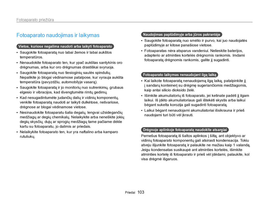 Samsung EC-PL170ZBPBE2 manual Fotoaparato naudojimas ir laikymas, Fotoaparato priežiūra 