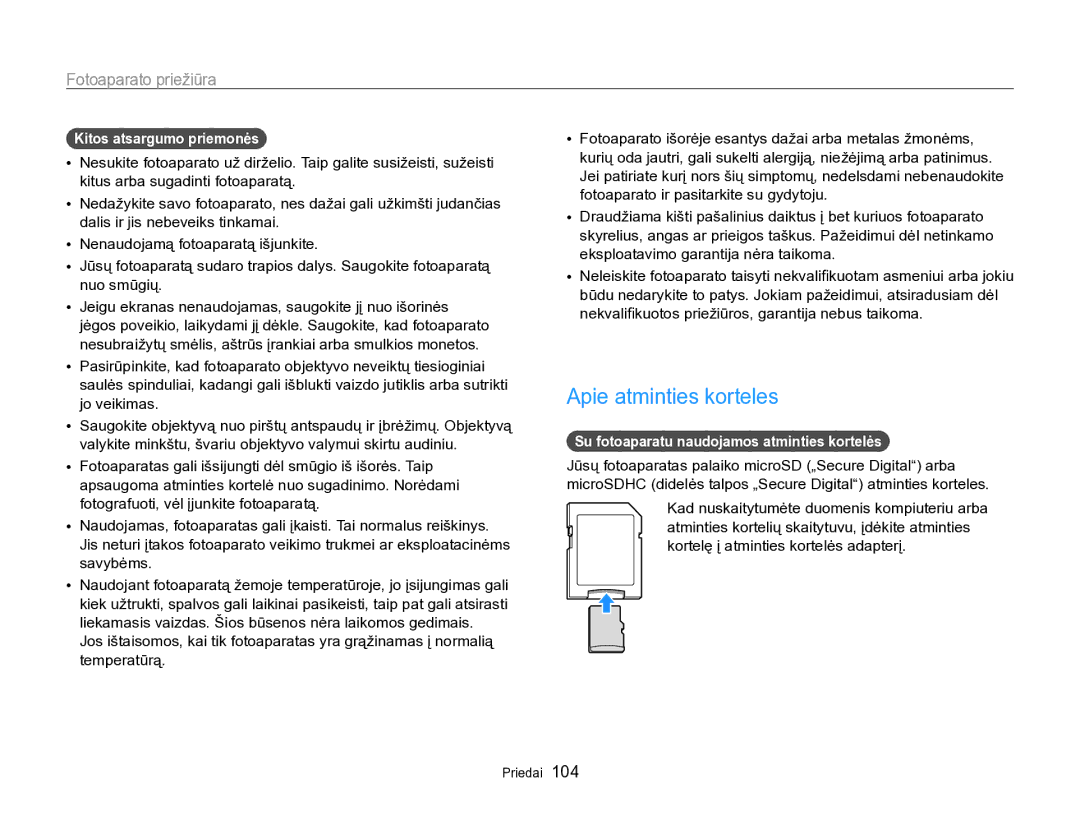 Samsung EC-PL170ZBPBE2 Apie atminties korteles, Kitos atsargumo priemonės, Su fotoaparatu naudojamos atminties kortelės 