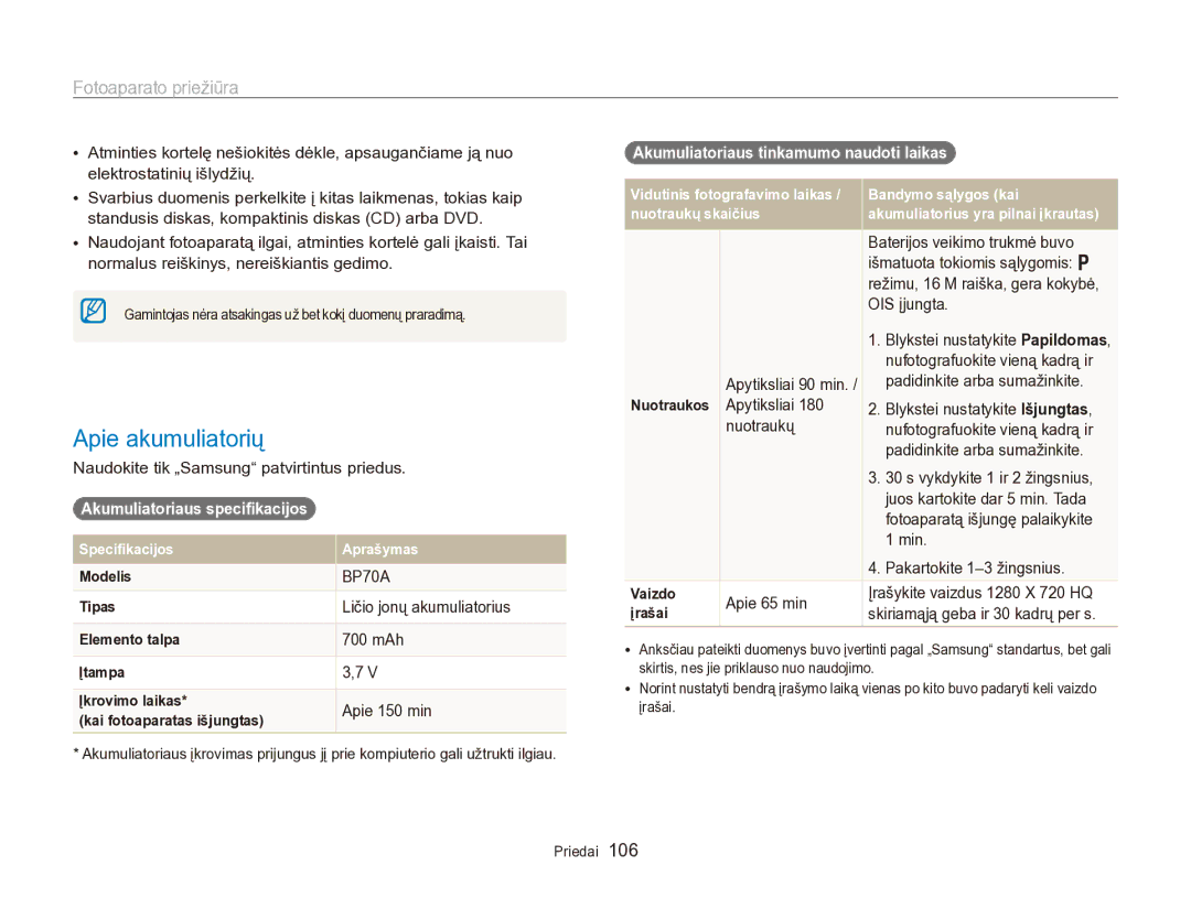 Samsung EC-PL170ZBPBE2 manual Apie akumuliatorių, Akumuliatoriaus specifikacijos, Akumuliatoriaus tinkamumo naudoti laikas  