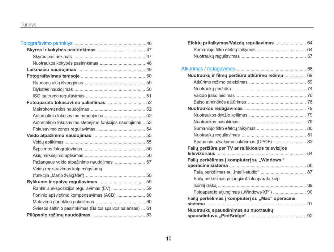 Samsung EC-PL170ZBPBE2 manual Turinys, Nuotraukos kokybės pasirinkimas 