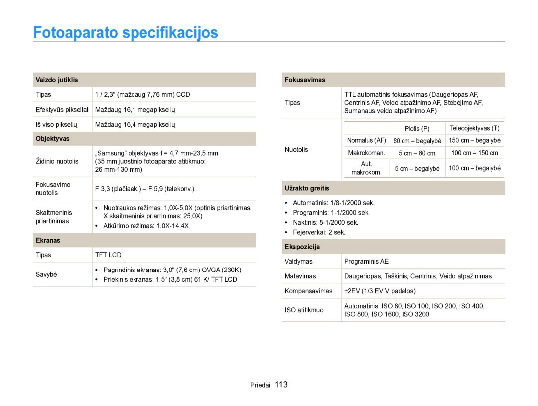 Samsung EC-PL170ZBPBE2 manual Fotoaparato speciﬁkacijos 