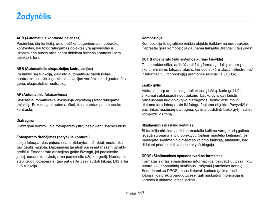 Samsung EC-PL170ZBPBE2 manual Žodynėlis 