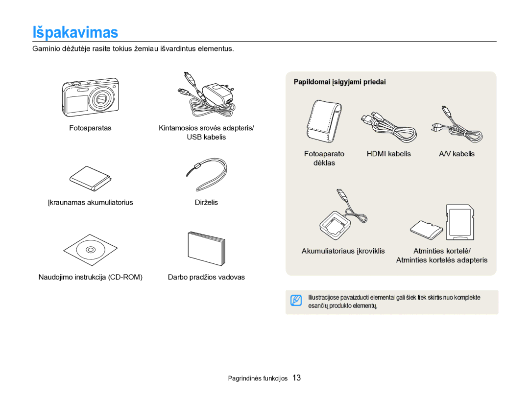 Samsung EC-PL170ZBPBE2 manual Išpakavimas, Papildomai įsigyjami priedai 