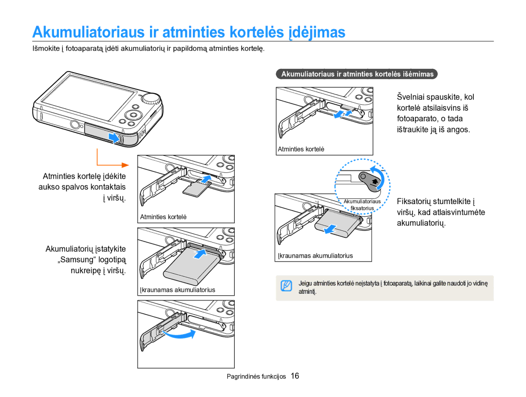 Samsung EC-PL170ZBPBE2 Akumuliatoriaus ir atminties kortelės įdėjimas, Akumuliatoriaus ir atminties kortelės išėmimas 