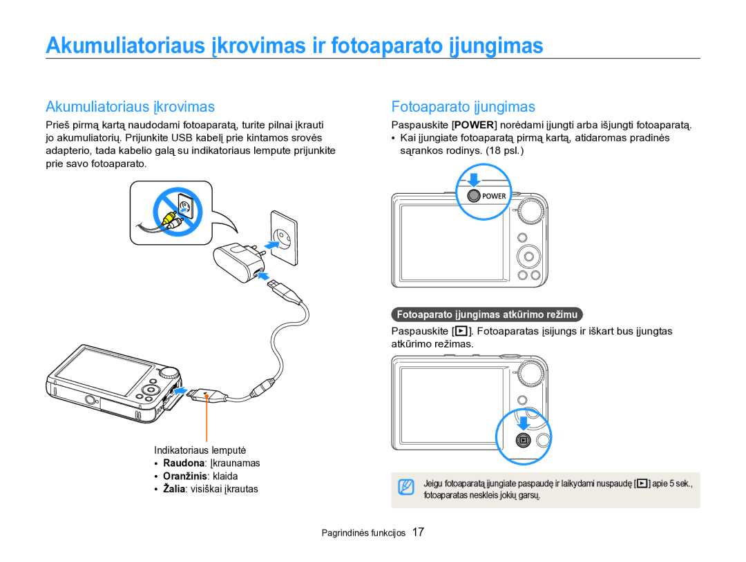 Samsung EC-PL170ZBPBE2 manual Akumuliatoriaus įkrovimas ir fotoaparato įjungimas, Fotoaparato įjungimas, Oranžinis klaida 